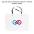 A medium white paper bag with a knitted black handle and a colourful logo on the front.