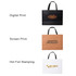 Three small paper bags with flat handles in black, brown, and white, each featuring a different branding technique.