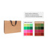 A small brown paper bag with a flat black handle, featuring colour samples for printing options.
