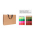 A large brown paper bag with a flat black handle, showcasing various print colour swatches beside it.