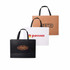 Three large paper bags with flat handles in black, brown, and white, featuring various logos.