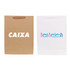 A medium vertical paper bag in brown and white with fabric flat handles, featuring logos on both sides.