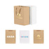 A large vertical paper bag in brown with fabric flat handles, alongside a white paper bag, both featuring logos.