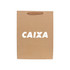 A large brown paper bag with a fabric flat handle and a logo on the front.
