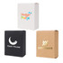 Small square gift boxes in white, black, and brown, each featuring a logo or branding design.