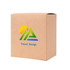 A medium square gift box in brown with a logo and design featuring mountains and a sun.