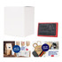 A large white square gift box beside a red rubber stamp, featuring a branding logo.