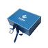 A blue custom gift box with a white logo and a decorative ribbon. The box features a sleek design.