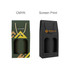 A double bottle wine box in green and black with a rope handle and openings for two bottles, featuring logos.
