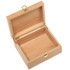 A wooden case with a natural finish, featuring gold hinges and a latch, opened to reveal an empty interior.