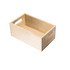 A small, natural pine wooden storage box with cut-out handles for easy carrying.