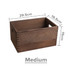 A medium wooden storage box in a warm brown colour, featuring dimensions marked on the side and handle cutouts.