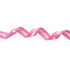 A pink ribbed fabric ribbon with a logo, featuring a wavy design.
