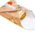 A reusable food wrap featuring a colourful design with animals, holding a sandwich with lettuce and tomato.