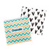 A set of two reusable food pouches featuring a turquoise and orange chevron pattern and a black heart design, both with zippers.