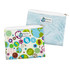 A set of two reusable food pouches with a zipper closure, featuring colourful patterns and a logo. One is predominantly white with vibrant designs, and the other is light blue.