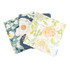 A set of reusable food pouches with floral designs in green, orange, and navy blue, featuring a Velcro closure.