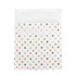 A reusable food pouch featuring a white background with multi-coloured polka dots and a Velcro closure.