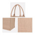 A natural jute tote bag in light brown, featuring sturdy handles and a woven texture, with a logo on the side.
