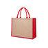 A jute tote bag with a natural hessian body and red handles and trim. The bag features a logo.