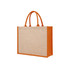 A jute tote bag featuring orange accents and handles with a natural-coloured body. It includes a logo.