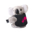 A grey koala plush toy with a black pouch, featuring a logo on the pouch.