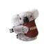 A grey koala plush toy with large ears, holding a brown pouch, featuring a logo on it.