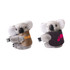 A cute grey plush koala toy with a coloured fabric pouch, featuring a logo. It has white ears and a friendly expression.