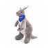 A plush kangaroo toy in grey with a baby kangaroo and a blue bandana featuring an Australian flag.