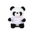 A black and white panda plush toy wearing a plain white T-shirt, featuring large eyes and a soft, cuddly appearance.