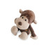 A brown and beige plush monkey toy with a smiling face and floppy limbs, featuring a small logo on its body.