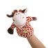 A plush giraffe hand puppet with a spotted pattern, featuring a smiling face and soft brown accents.