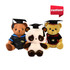 Three plush toys in graduation caps: a brown bear in a blue gown, a panda in white, and a yellow bear in a black gown.