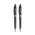 A set of two sleek black metal pens featuring silver accents and branding on the barrels.