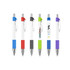 A selection of plastic pens with varying barrel colours, including red, black, green, and purple, featuring a white barrel and clips.