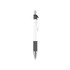 A plastic pen with a creamy white barrel and a grey grip, featuring a clip and a polished metal tip.