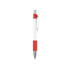 A plastic pen with a creamy white barrel and a red grip, featuring a clip and silver accents.