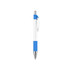 A plastic pen with a creamy white barrel and blue accents, featuring a clip and silver tip, includes a logo.