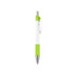 A plastic pen with a creamy white barrel and green accents, featuring a silver clip and nib.