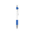 A plastic pen with a creamy white barrel and blue accents, featuring a logo.