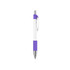 A plastic pen with a creamy white barrel and purple accents, featuring a silver tip and clip.