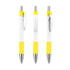 A creamy white barrel pen with yellow accents and chrome trim, featuring a logo on the side.