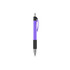A purple plastic pen with a black grip and clip, featuring a logo on the barrel.