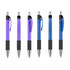 A set of six plastic pens with purple and blue barrels, featuring black grips and silver accents. Each pen has a clip and a logo.