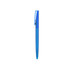 A blue plastic pen with a transparent barrel and a clip at the top. The pen features a logo on the barrel.