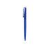 A blue plastic pen with a transparent barrel and a clip on top. It features a logo on the barrel.