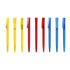 A collection of pens featuring transparent barrels in yellow, red, and blue, with matching caps and clips.