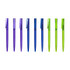 A set of plastic pens with transparent barrels in purple and green hues, featuring clip tops and a logo.