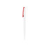 A plastic pen with a creamy white barrel and a red clip, featuring a logo on the body.