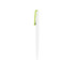 A plastic pen with a creamy white barrel and a green clip, featuring a small logo.